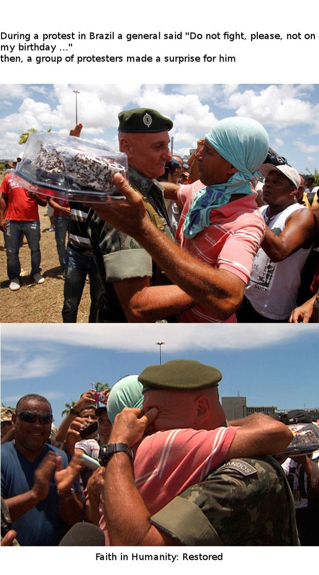 A protester makes a soldier's day.